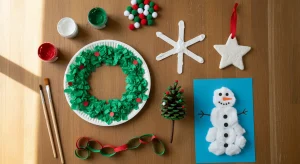 Flat lay of kid-made Christmas crafts on a wooden table, including a paper plate wreath, craft stick snowflake and pinecone tree