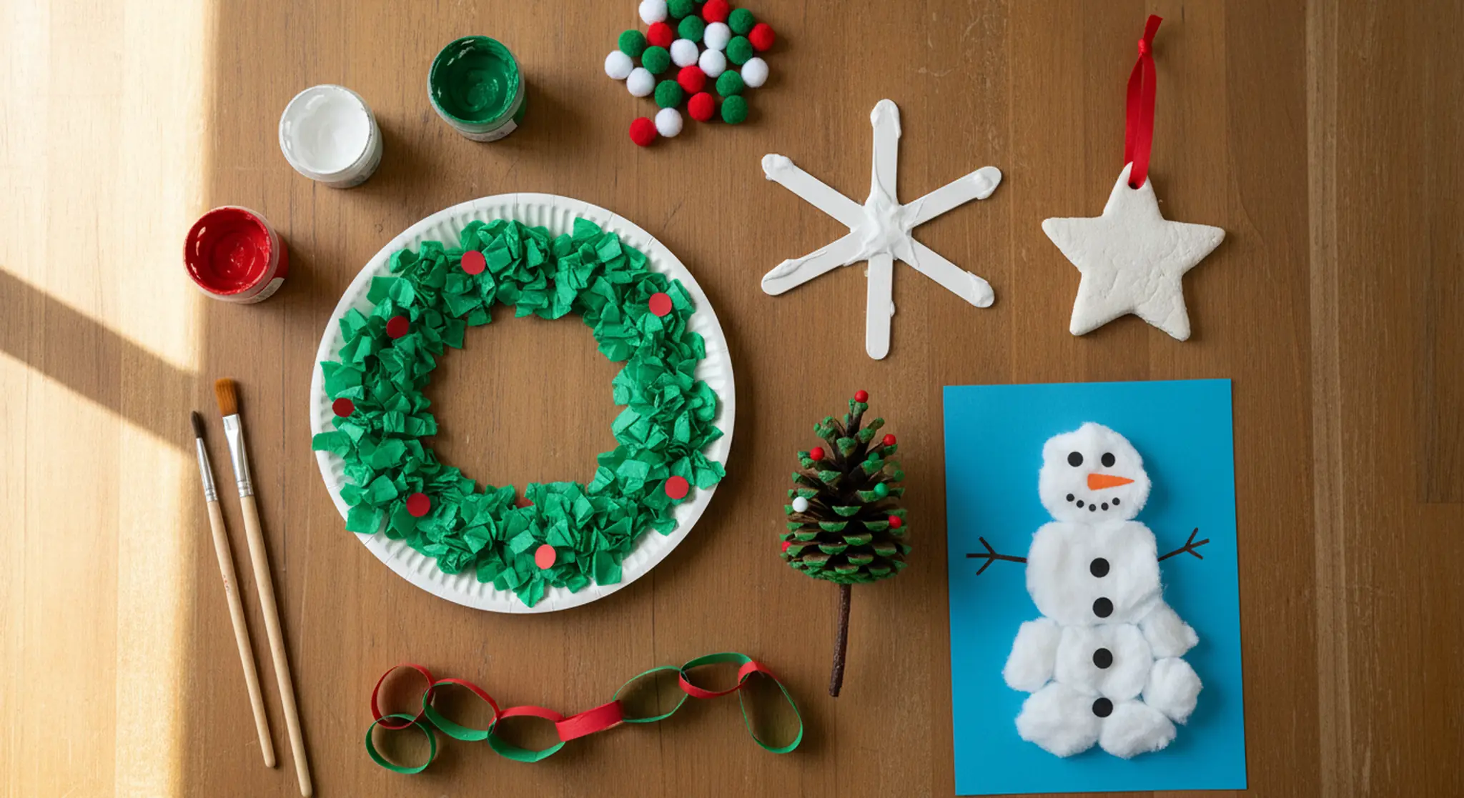 Flat lay of kid-made Christmas crafts on a wooden table, including a paper plate wreath, craft stick snowflake and pinecone tree