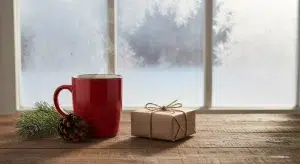 A red mug of cocoa, an evergreen sprig, a pine cone and a kraft paper wrapped gift on a wooden table by a frosty window