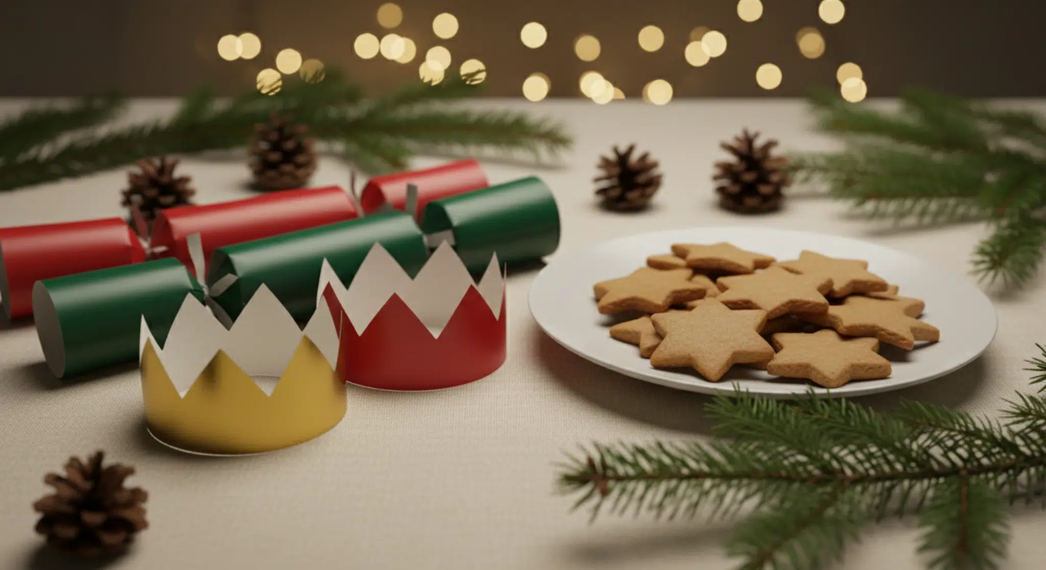 Three red and green paper Christmas crackers, two paper crowns and a plate of plain gingerbread star cookies on a table with fir branches and fairy lights