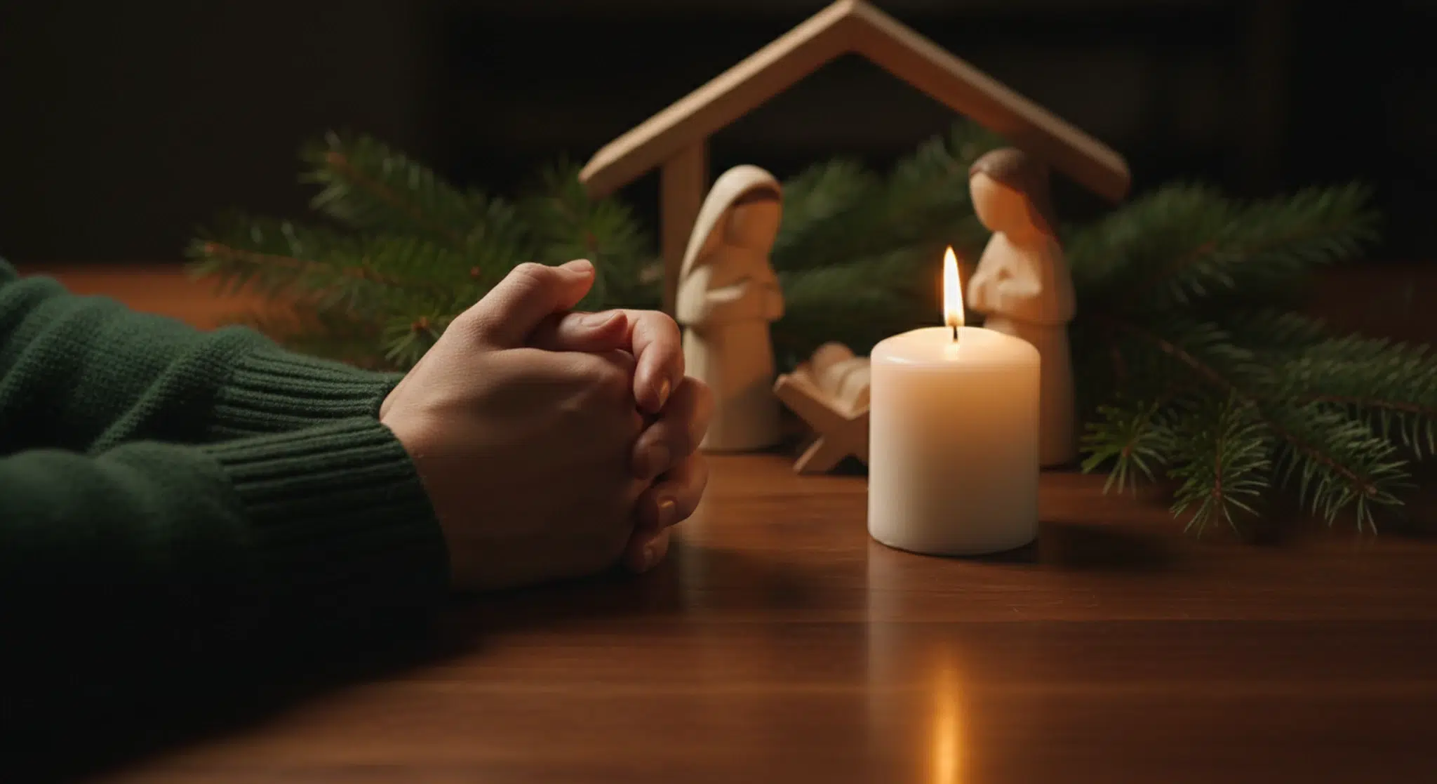 Hands folded in prayer beside a lit candle and a small wooden nativity on a table with pine branches