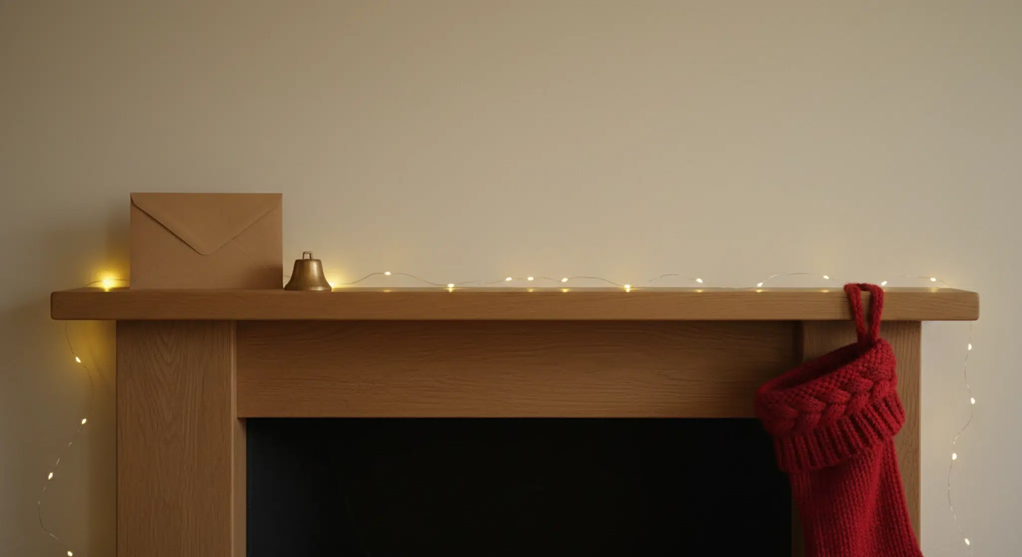 A red knit stocking, a blank kraft-paper envelope and a brass jingle bell on a wooden mantel with warm fairy lights