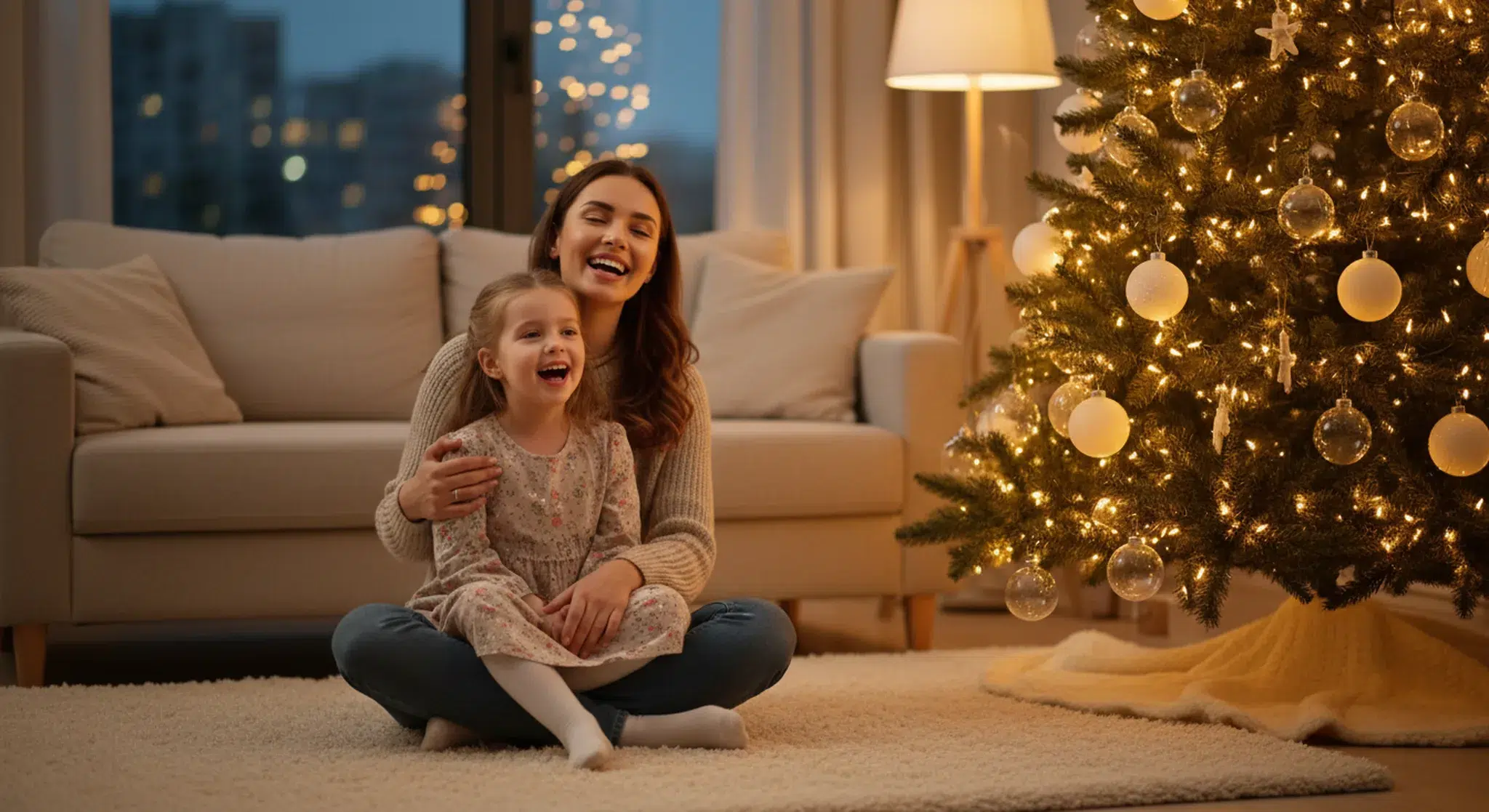 A smiling mother and her preschool daughter singing together beside a softly lit Christmas tree.