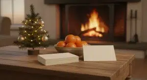 A small lit tabletop Christmas tree, a bowl of clementines and a stack of blank cards on a wooden coffee table near a glowing fireplace