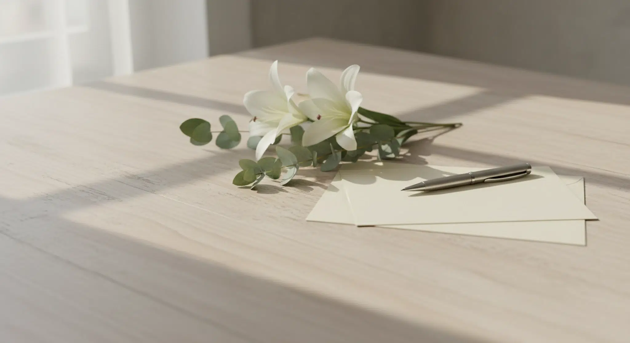 White lilies and eucalyptus beside a blank cream card, envelope and pen on a pale wooden table