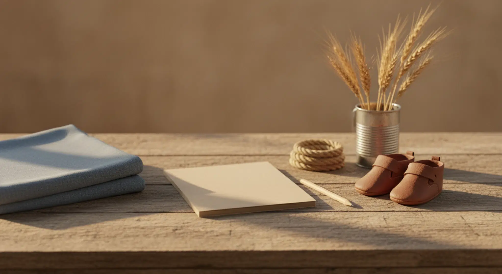 Blank kraft-paper notebook, pencil, brown leather baby moccasins, a coil of rope, wheat stalks in a tin cup and a folded denim-blue baby blanket on a rustic barnwood table