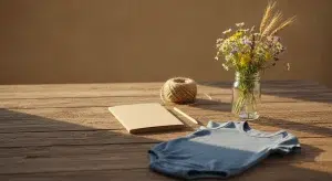 Blank kraft-paper notebook, pencil, a jar of wildflowers and wheat, a folded denim-blue baby romper and twine on a rustic wooden table