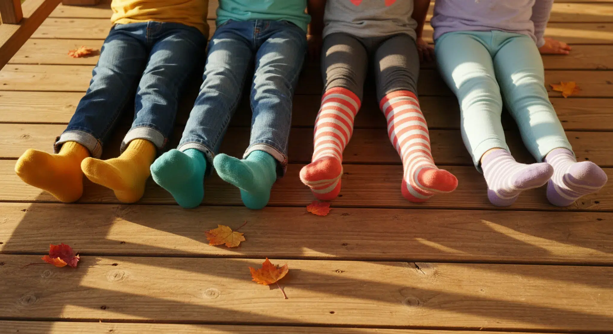 Four children sitting side by side on a wooden porch with their legs stretched out, showing brightly colored socks in warm sunlight