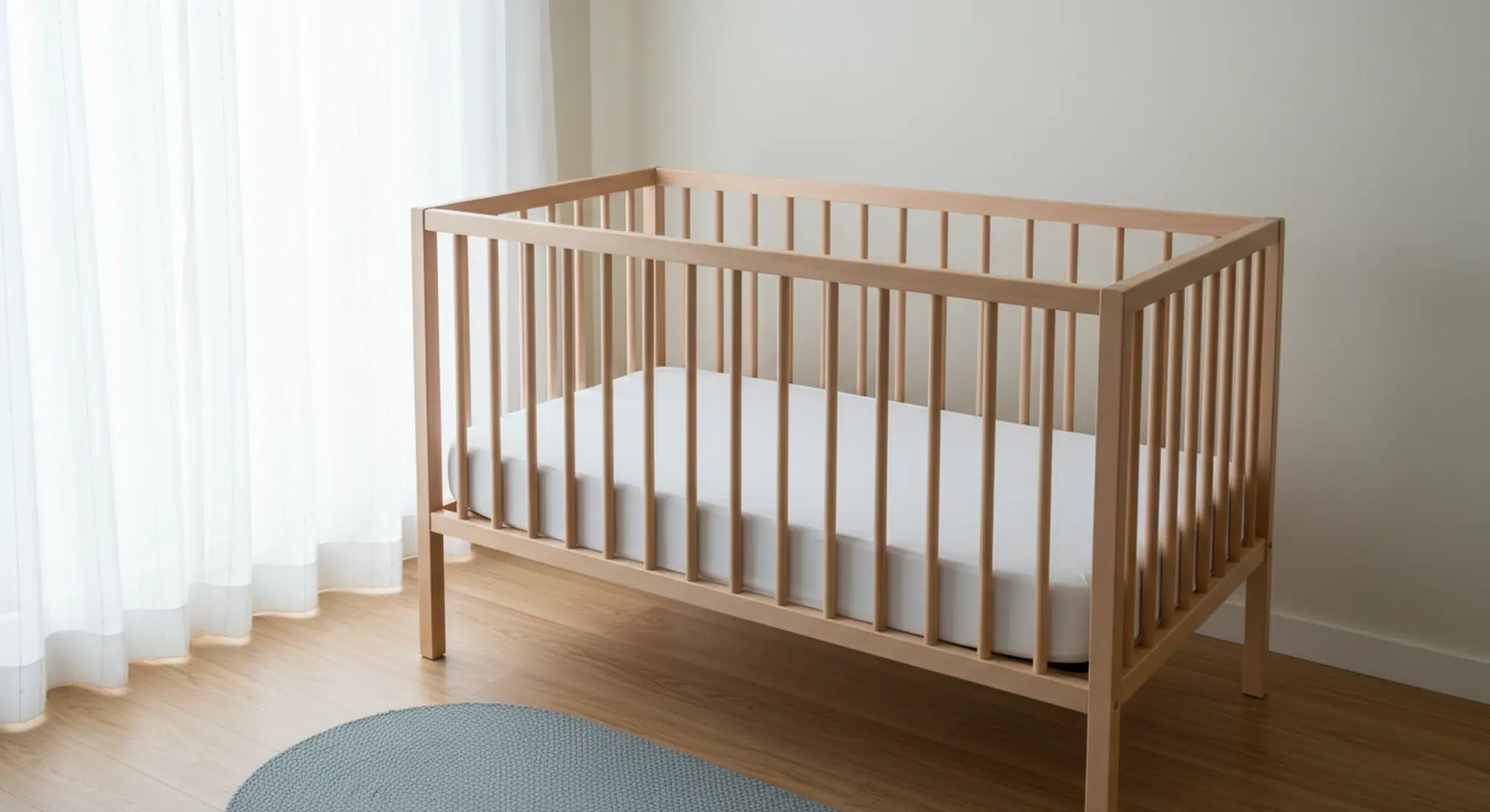 Crib Bumper Safety Are Crib Bumpers Safe or Banned | Betteroo Empty wooden crib with a fitted sheet only and no crib bumper in a bright nursery