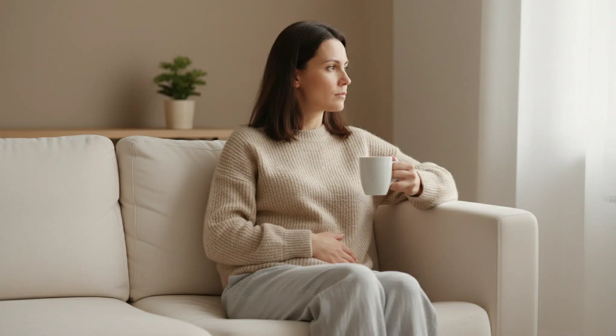 Woman sits on beige sofa holding a white mug, looking out a window in a cozy living room.