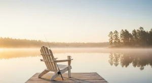 An empty wooden chair on a lakeside dock at sunrise with a fishing rod leaning against it and an enamel mug on the armrest