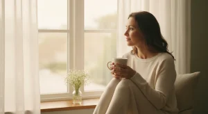 Woman sitting by a sunlit window holding a warm mug beside a vase of white flowers, in quiet reflection