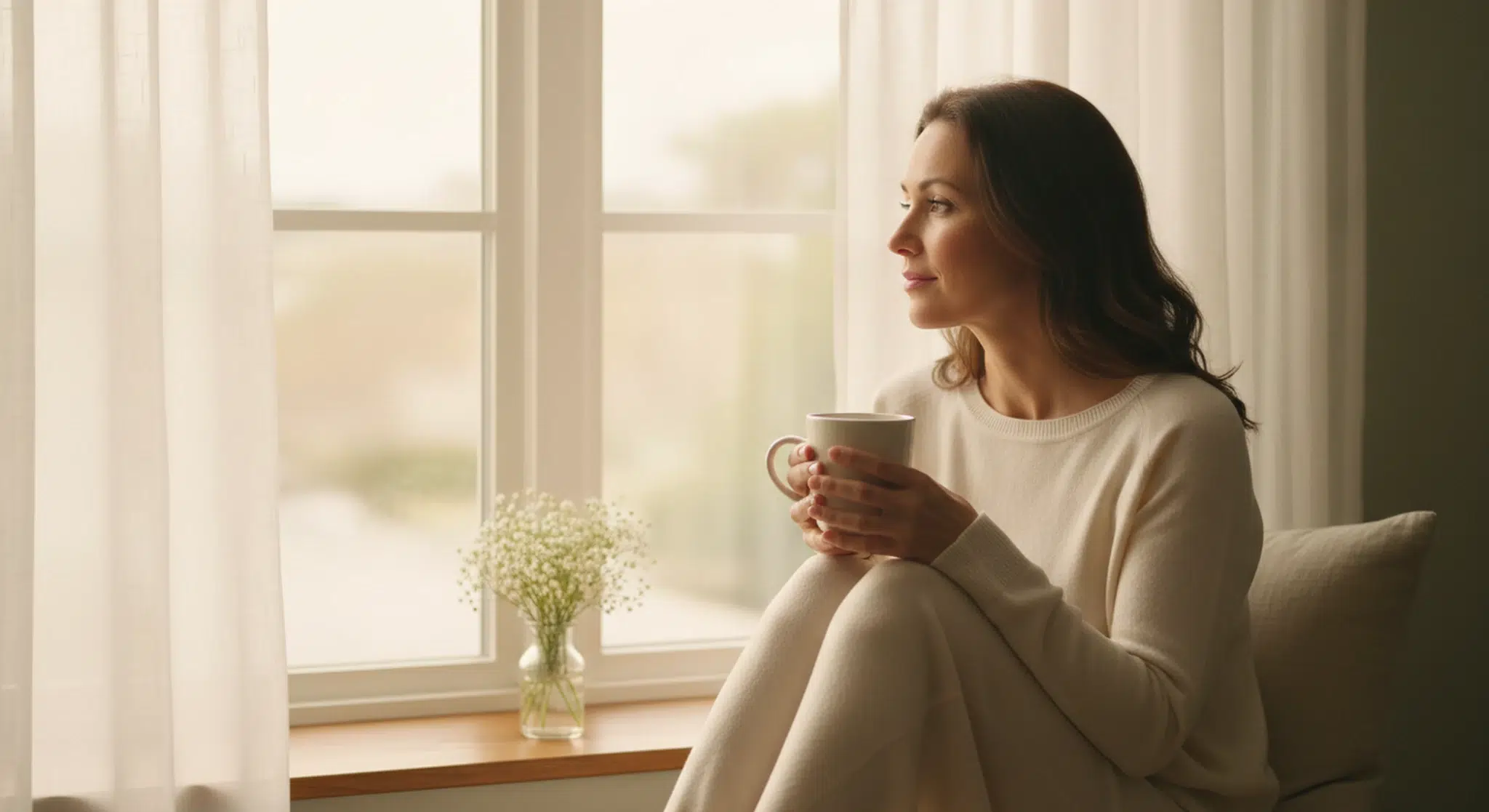 Woman sitting by a sunlit window holding a warm mug beside a vase of white flowers, in quiet reflection