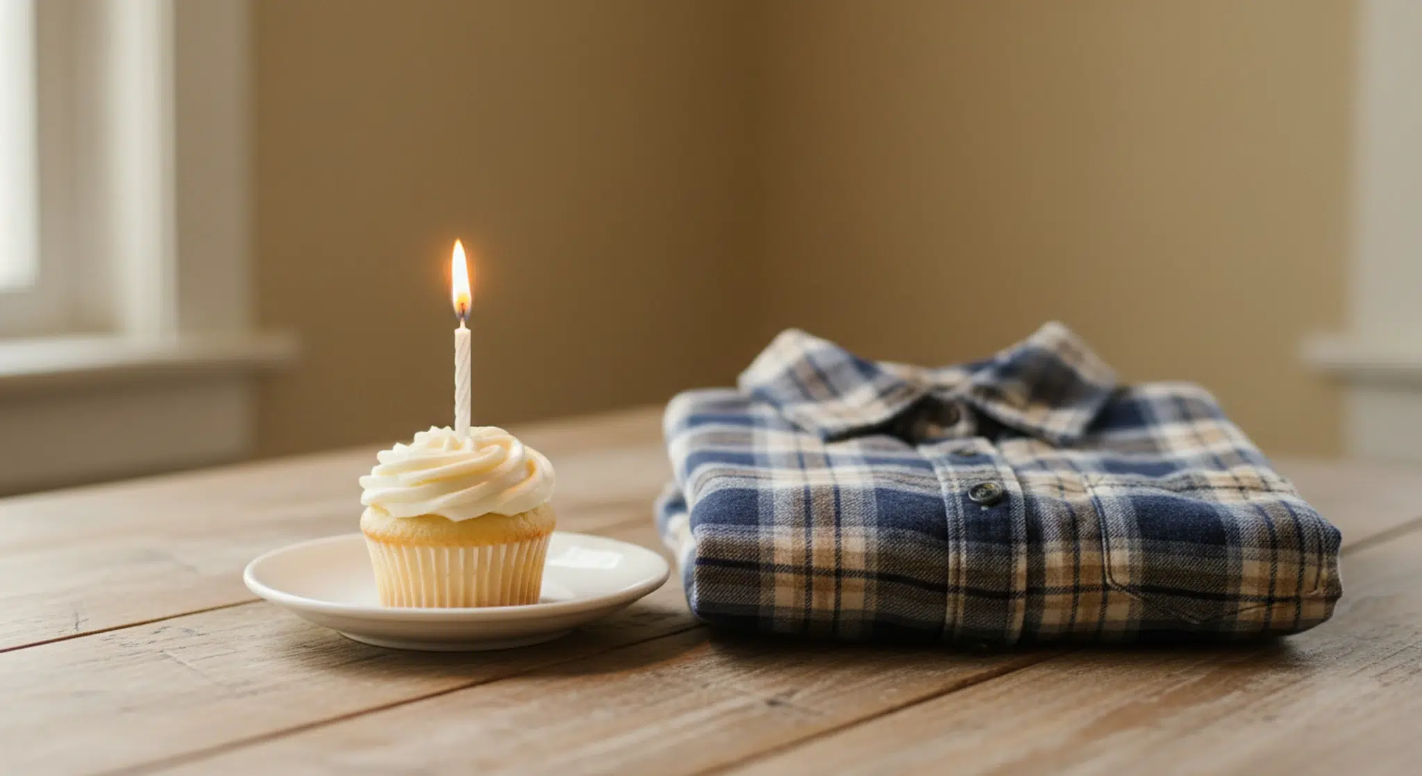 A single cupcake with one lit candle on a wooden table beside a folded flannel shirt in soft window light
