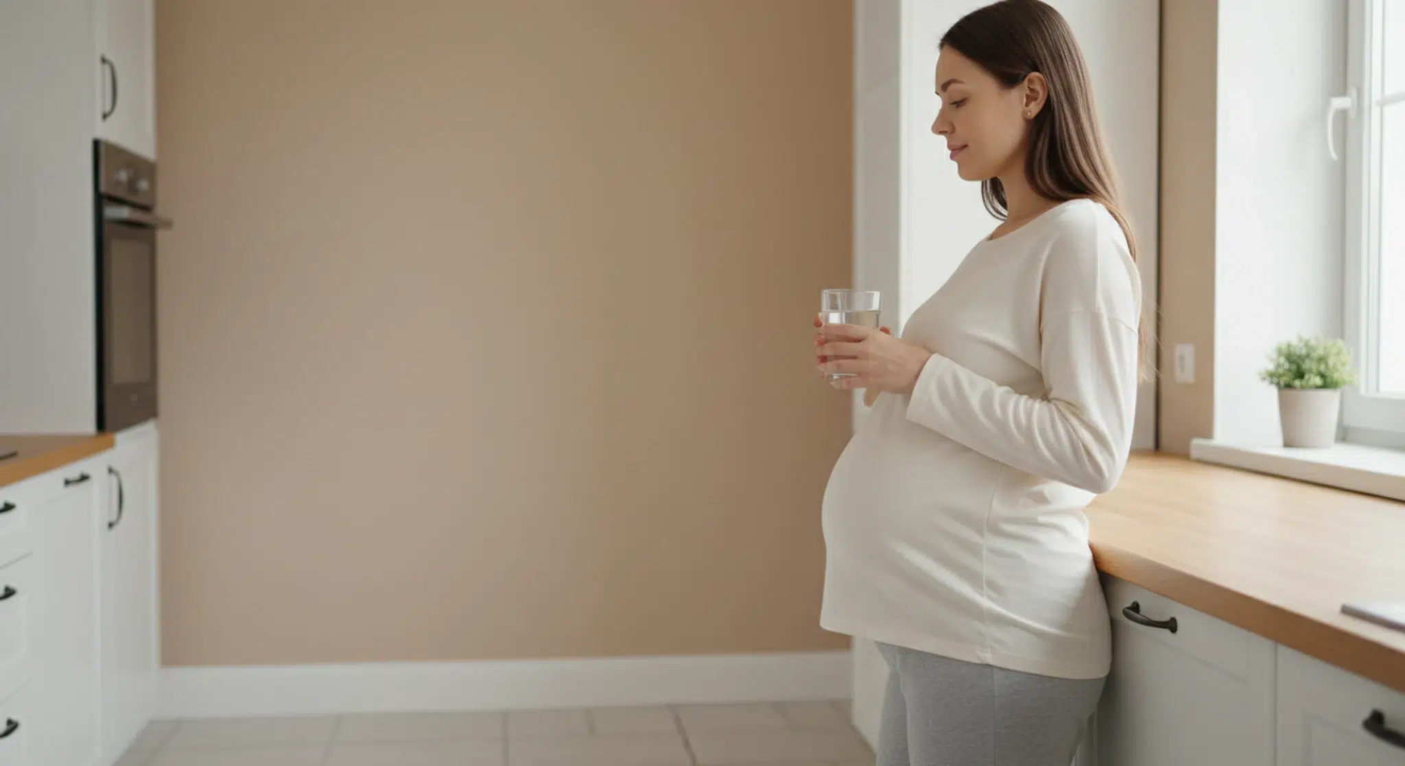 Pregnant woman with a small bump sitting at a kitchen table pouring a glass of water from a glass pitcher in soft daylight