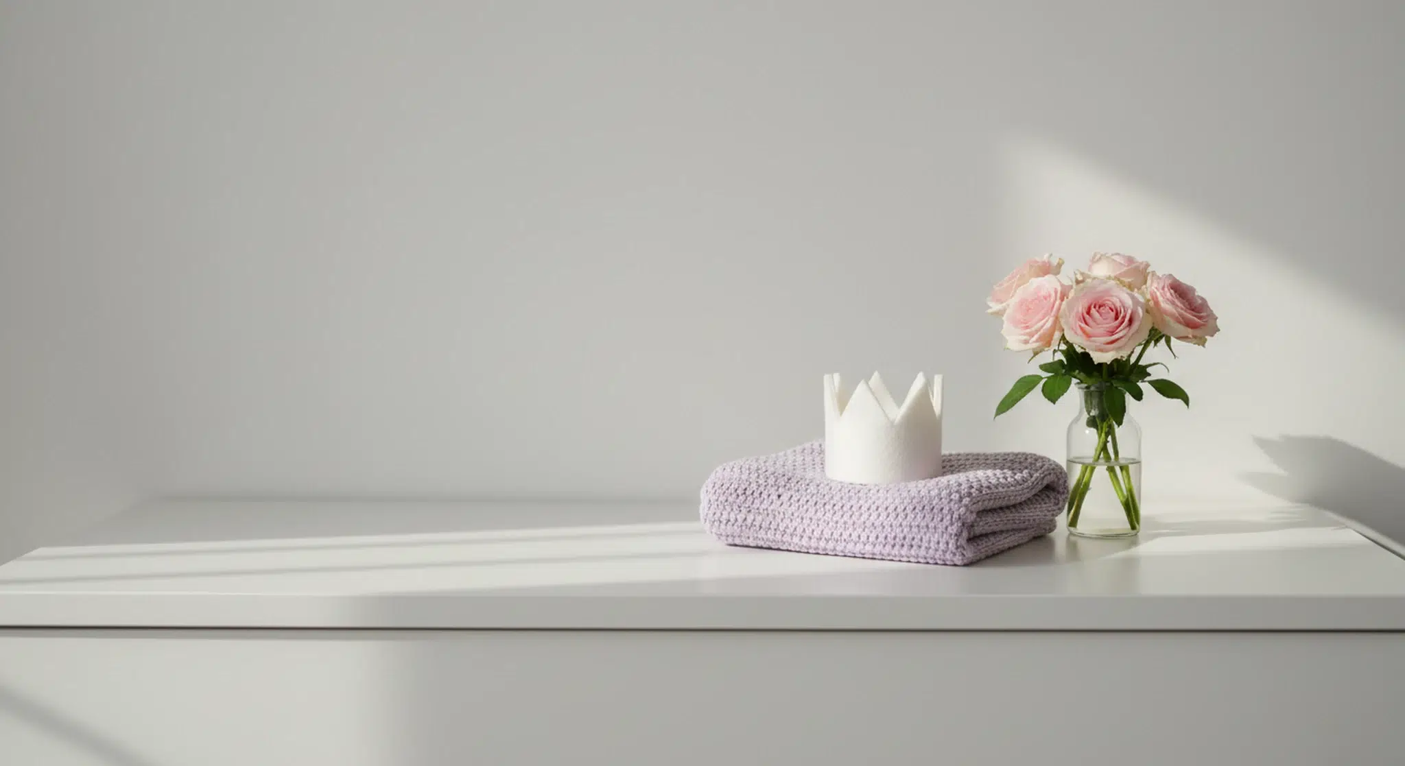 Pink roses in a glass vase placed on a lavender knitted cloth on a white shelf, with a small white crown beside them.