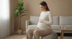 Effacement What Effaced Means the Percent Scale and How It Differs from Dilation | Betteroo Pregnant woman in late pregnancy sitting on an exercise ball in a calm living room with both hands on her belly