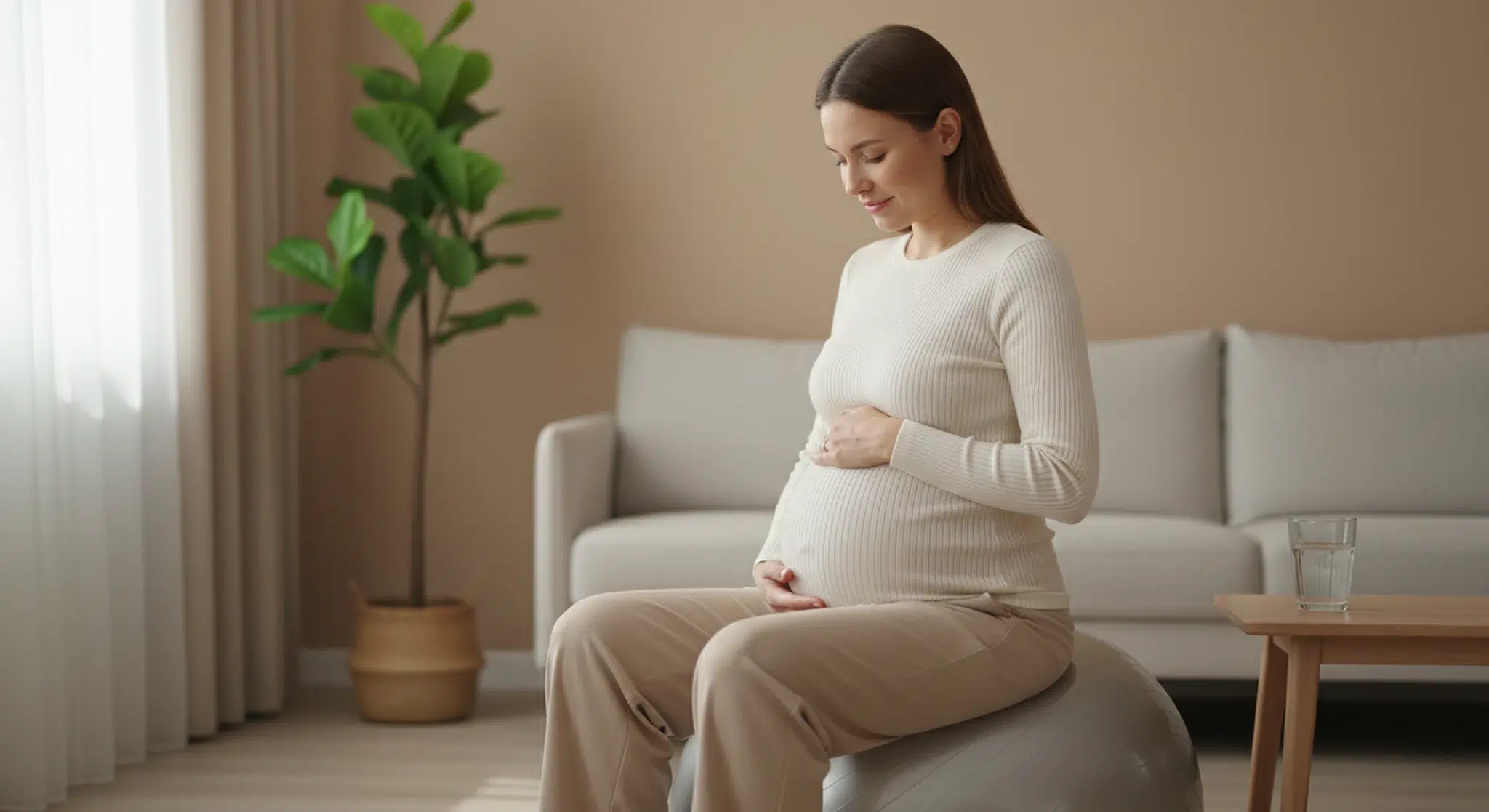 Pregnant woman in late pregnancy sitting on an exercise ball in a calm living room with both hands on her belly