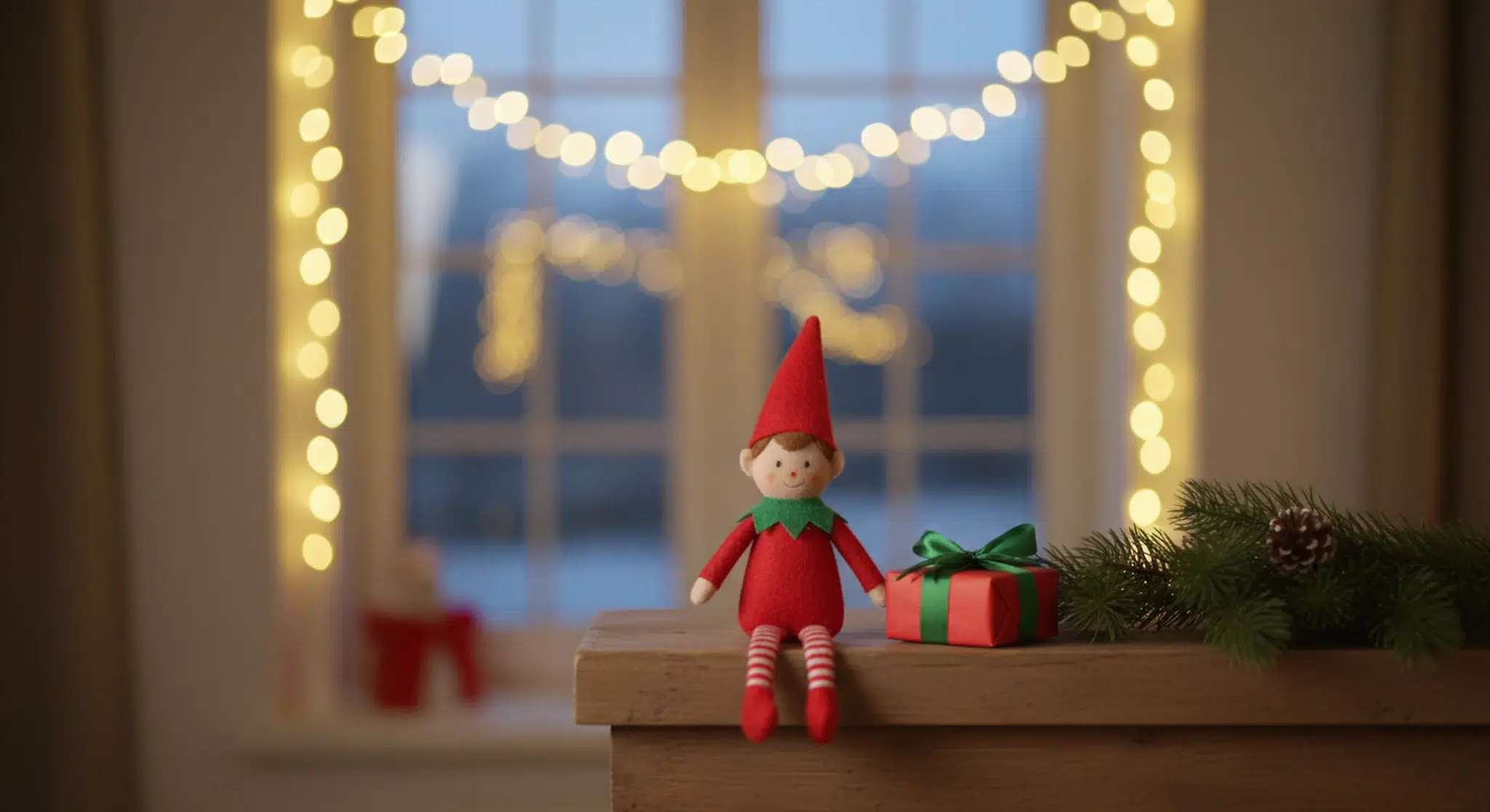 A small red elf doll sits on a wooden table with a wrapped gift and pine sprigs, blurred warm string lights in the background.