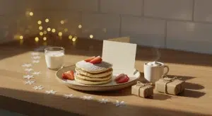 Heart-shaped pancakes with strawberries, milk, hot cocoa, a blank welcome note and a trail of paper snowflakes on a kitchen counter