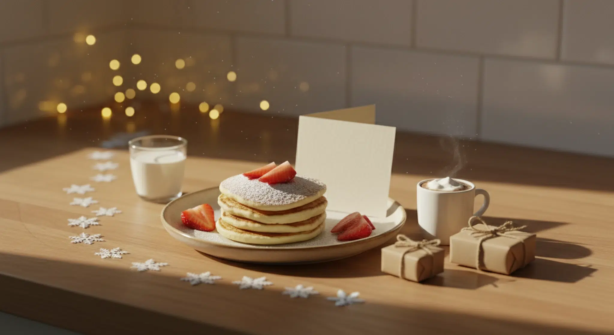 Heart-shaped pancakes with strawberries, milk, hot cocoa, a blank welcome note and a trail of paper snowflakes on a kitchen counter
