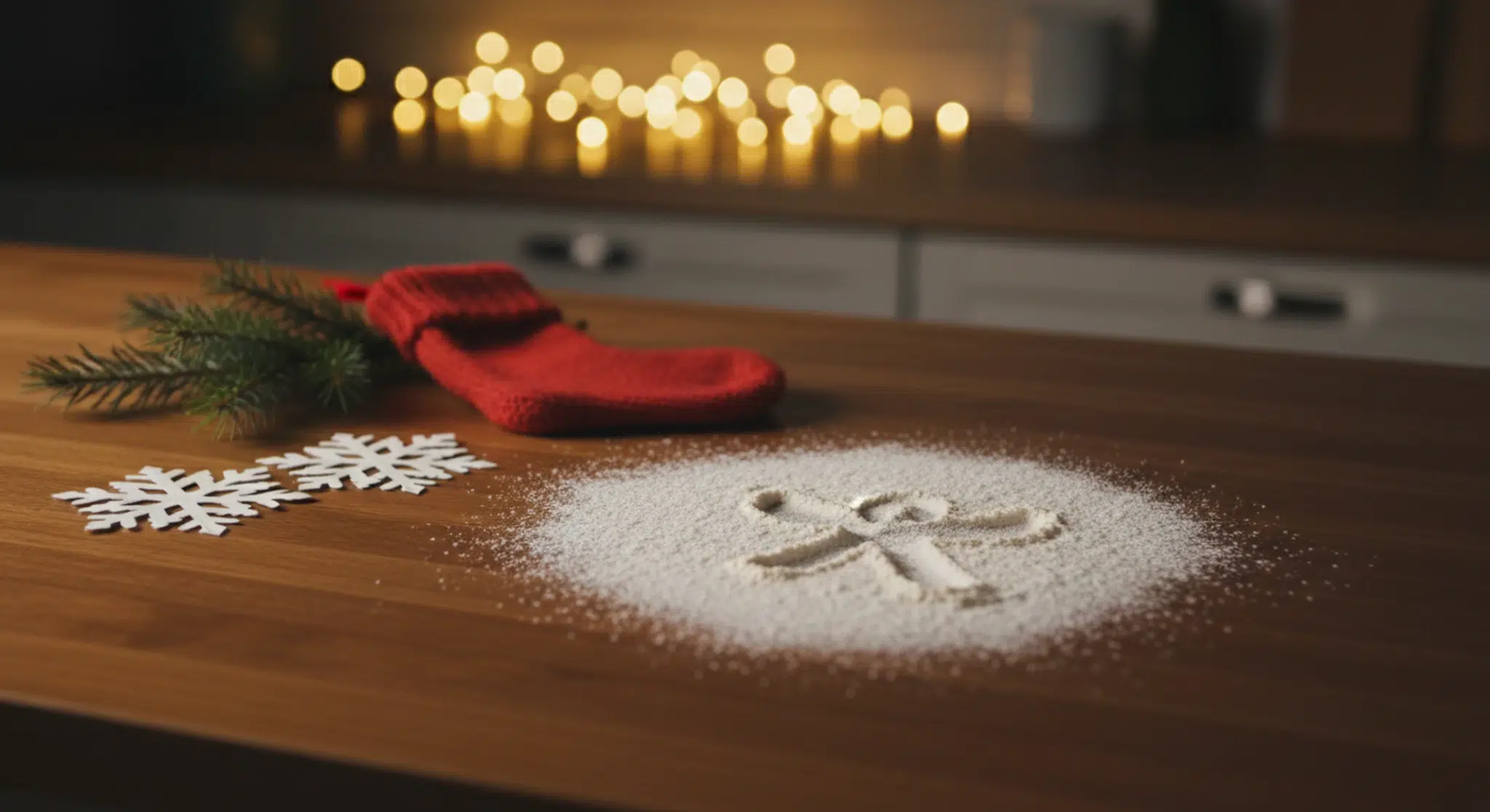 Elf on the Shelf Ideas 75+ Easy Funny and Kind Setups for Every Night | Betteroo Red knit mitten on a wooden table with a pine sprig and paper snowflakes; powdered sugar scattered, warm bokeh lights in the background.