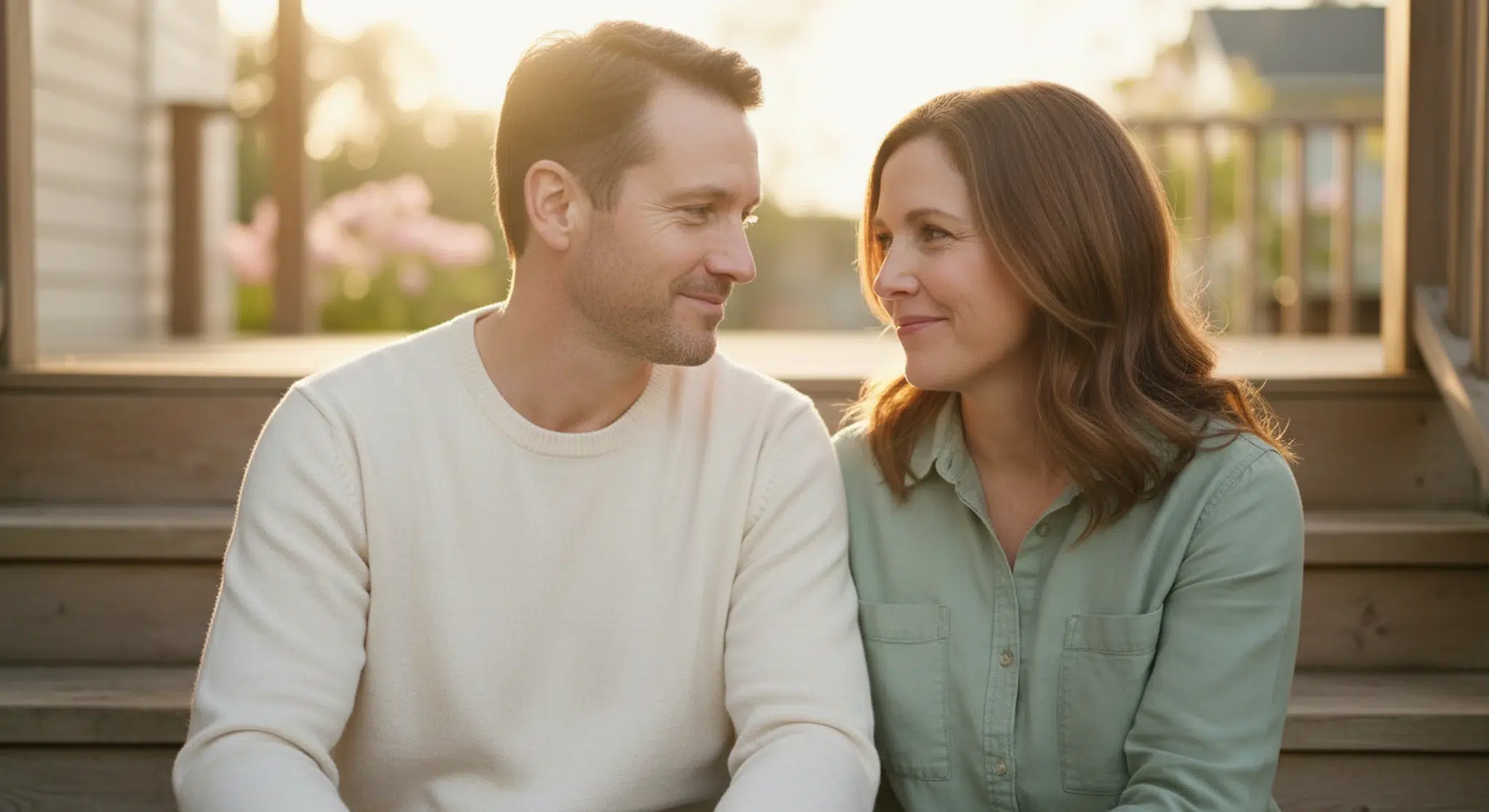 Adult brother and sister sitting close on porch steps, smiling warmly at each other