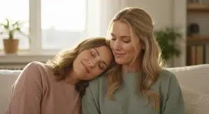 Adult sister resting her head on her sister's shoulder on a sofa by a sunlit window