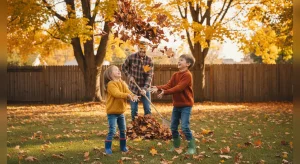 Three children in sweaters play in a sunlit autumn backyard as leaves swirl into the air, with a man smiling in the background.