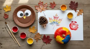 Fall Crafts for Kids 44 Easy Ideas with Leaves Pumpkins and Pinecones | Betteroo Flat lay of kid-made fall crafts on a wooden table, including a paper plate owl, pinecone hedgehog, painted leaves and a painted pumpkin