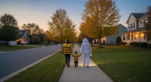 A family of three seen from behind walking down a sidewalk at dusk dressed as two bees and a beekeeper