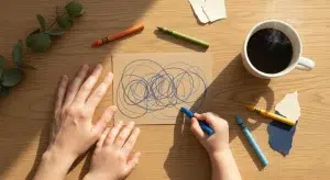 A child's small hands and an adult's hands making a handmade card with crayons and colored paper on a wooden table