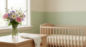 A glass vase of fresh roses, daisies, violets and lavender on a nursery dresser with an empty crib in the background