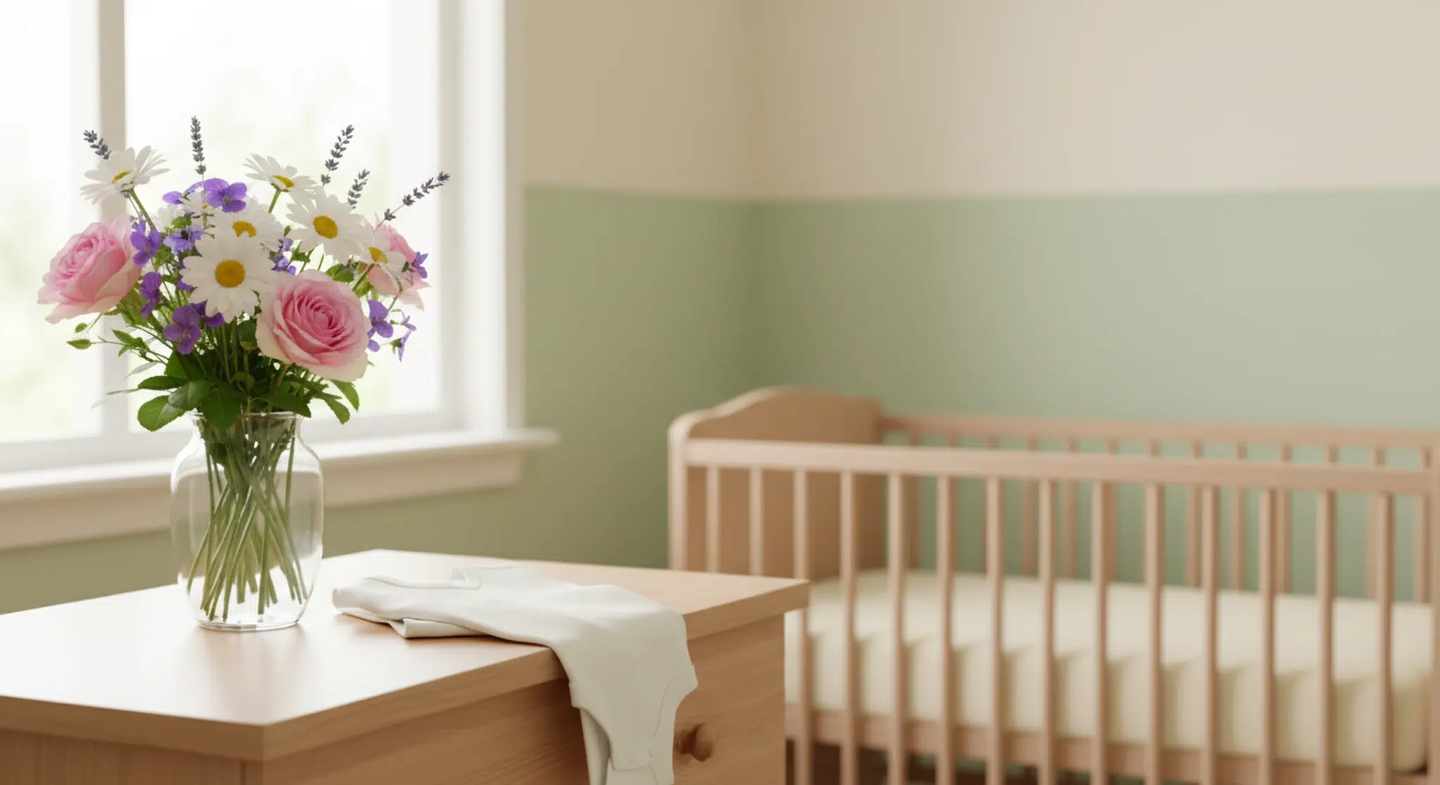 A glass vase of fresh roses, daisies, violets and lavender on a nursery dresser with an empty crib in the background