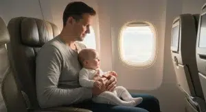 Parent holding a calm baby on their lap in an airplane window seat