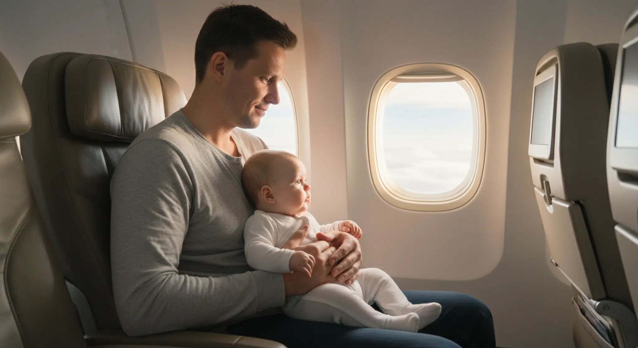 Flying with a Baby Rules Tips and What to Pack | Betteroo Parent holding a calm baby on their lap in an airplane window seat