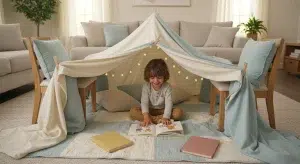Child sits under a fabric tent with string lights, reading a picture book on a rug in a cozy living room.