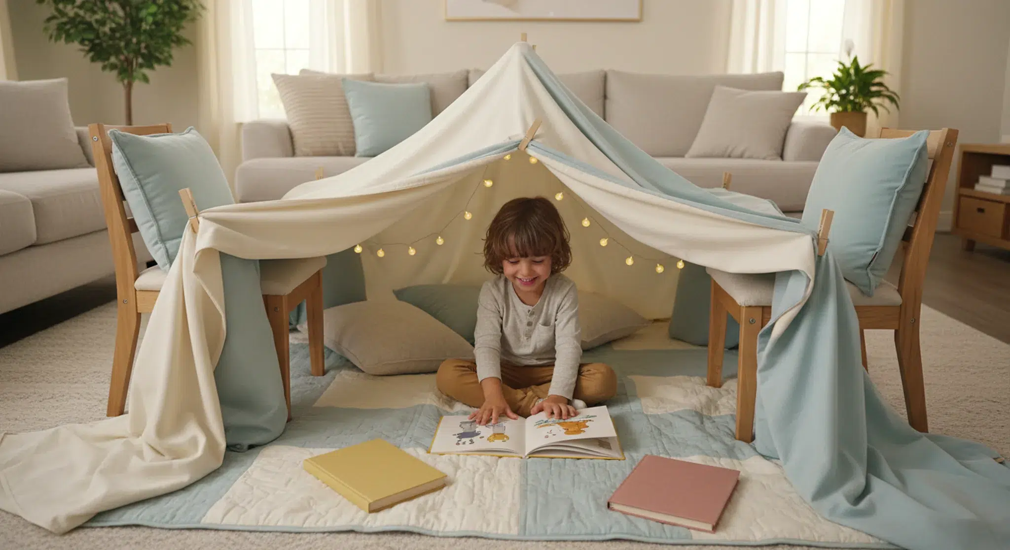 Child sits under a fabric tent with string lights, reading a picture book on a rug in a cozy living room.