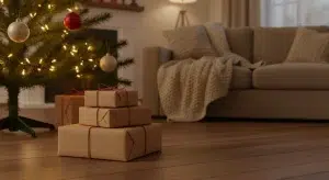A small stack of gifts wrapped in brown kraft paper and red twine under a Christmas tree with warm lights