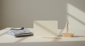 Blank cream notecard, pencil, folded navy and white striped baby romper and a small wooden toy sailboat on a pale linen tablecloth in morning light