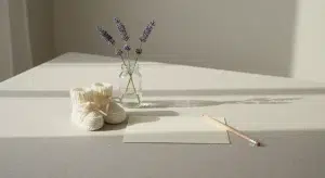French Girl Names 115 Names with Meanings and Pronunciation Notes | Betteroo Blank cream notecard, pencil, tiny knitted baby booties and a glass jar of lavender sprigs on a pale linen tablecloth in morning light
