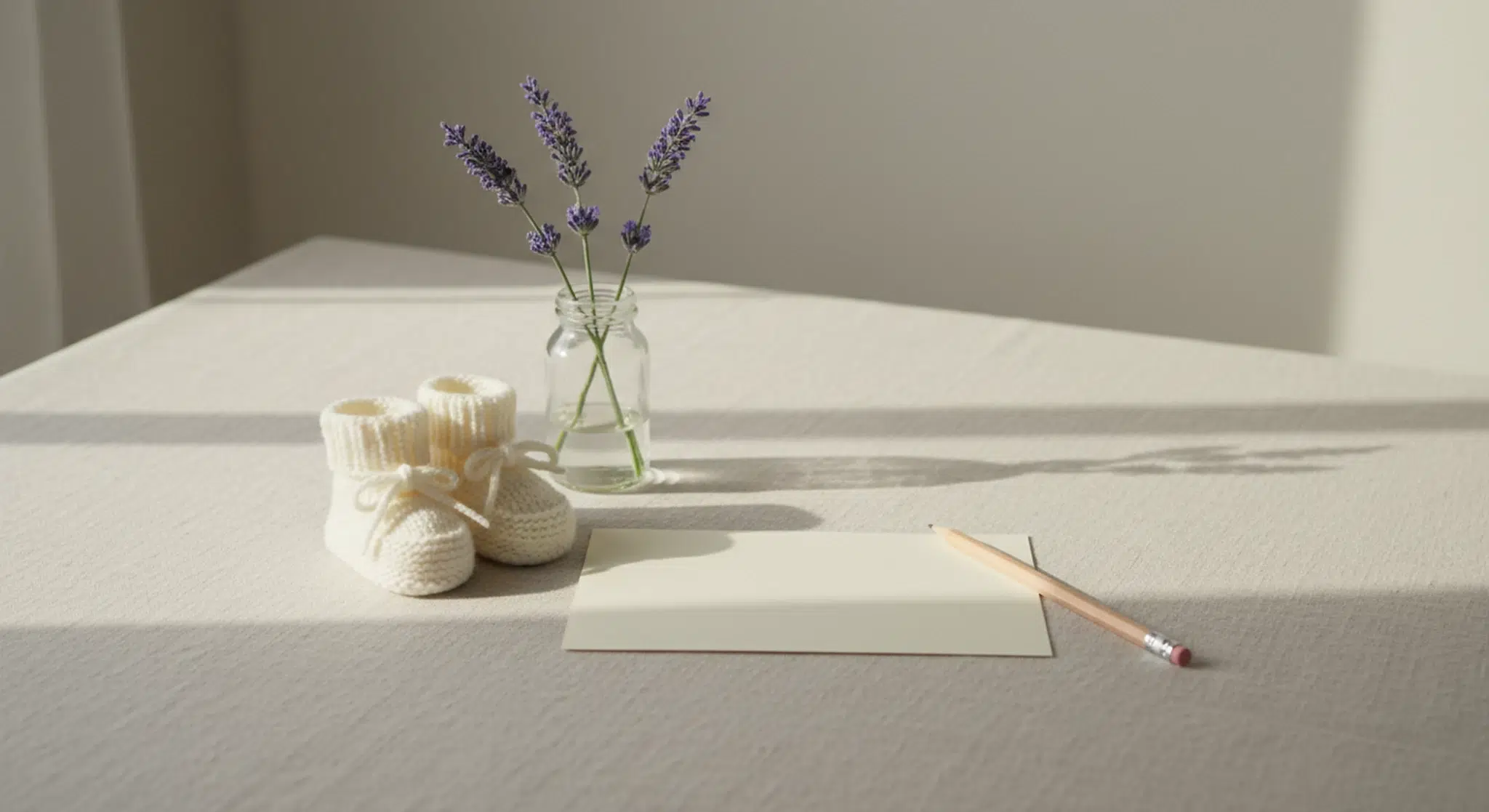 Blank cream notecard, pencil, tiny knitted baby booties and a glass jar of lavender sprigs on a pale linen tablecloth in morning light