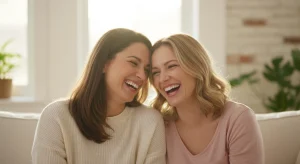 Two adult sisters laughing hard together on a sofa in a bright living room