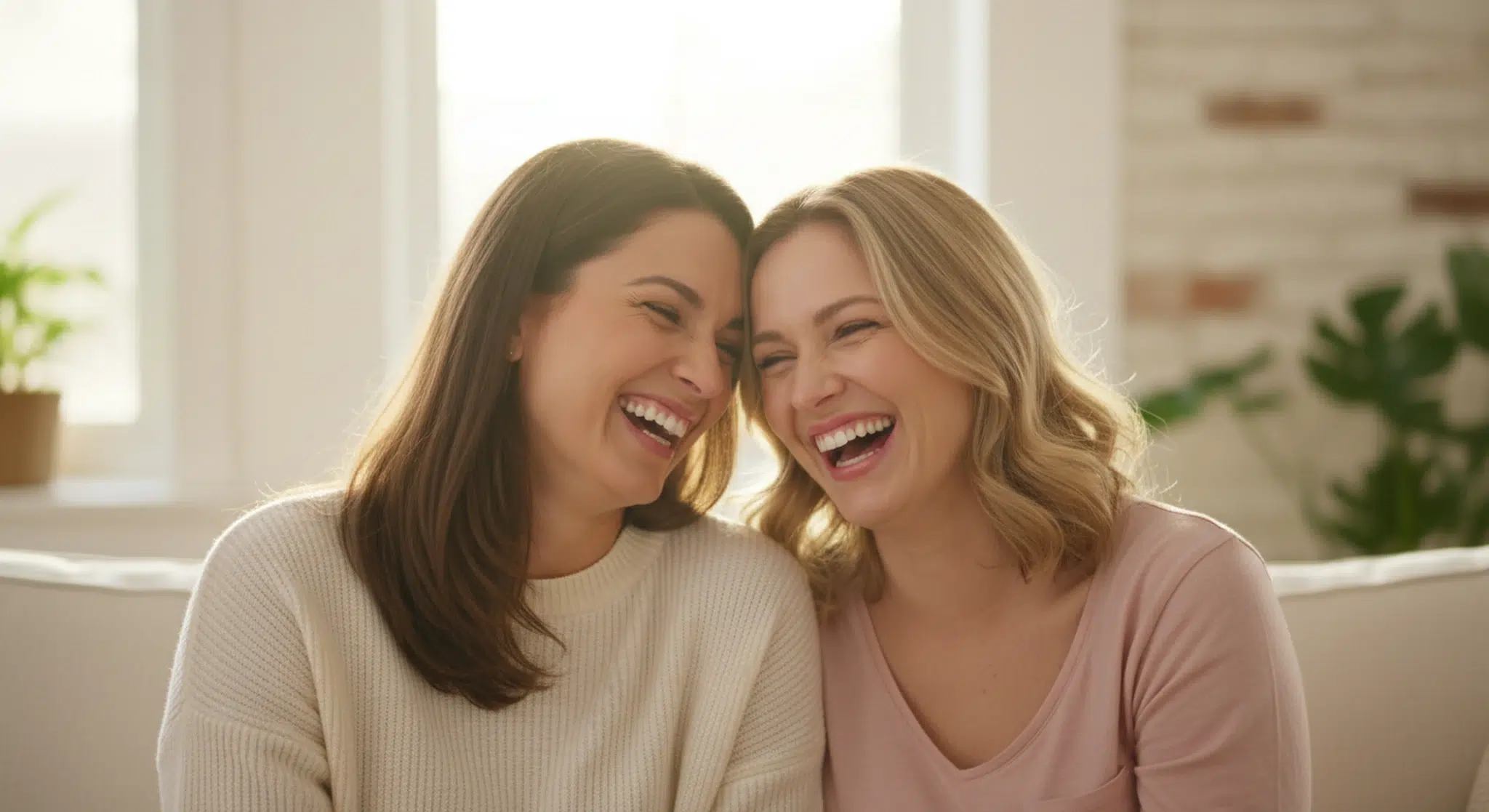 Two adult sisters laughing hard together on a sofa in a bright living room