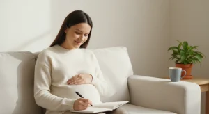 Pregnant woman on a sofa holding a pen over a blank notebook while thinking about baby names