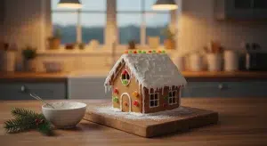 A homemade gingerbread house with white icing snow and colorful gumdrops on a wooden board next to a bowl of icing and a pine sprig