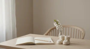 Blank notebook, pencil and tiny knitted baby booties on a wooden table in a softly lit nursery corner
