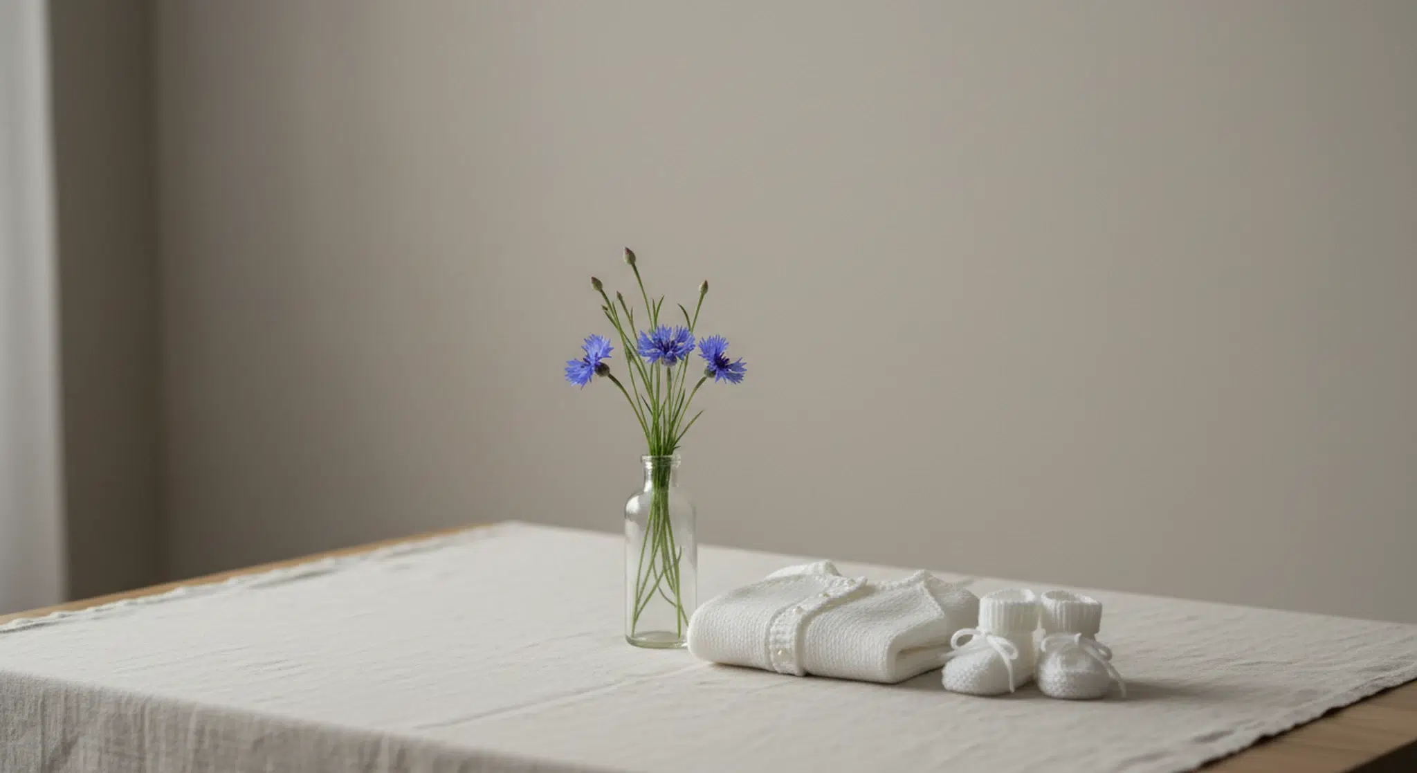 Blue cornflowers in a glass bottle beside a folded white knit baby cardigan and booties on a pale linen tablecloth