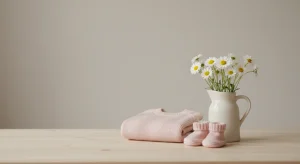 A small stoneware pitcher of white daisies, a folded blush-pink knit baby sweater and tiny knit booties on a pale wooden table in soft daylight