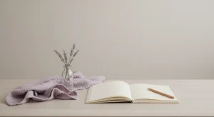 Blank cream notebook, pencil, a small glass jar of lavender sprigs and a folded lilac muslin baby blanket on a pale ash tabletop